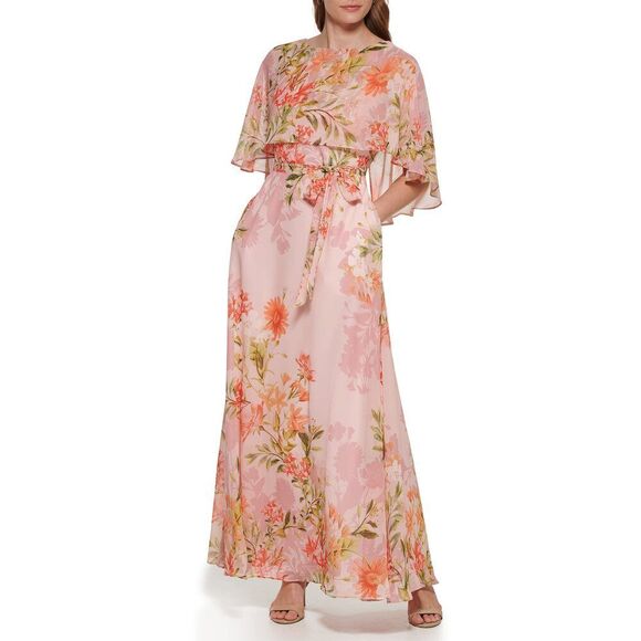 Eliza J Women's Maxi Style Caplet Chiffon Elbow Sleeve Jewel Neck Dress 22 Plus